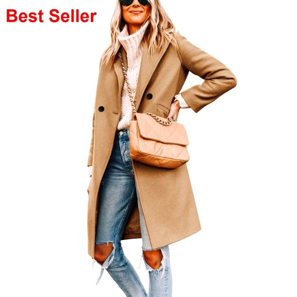 Women's Wool Blend Peacoat, Notch Lapel, Knee Length, Slim Fit, Winter Coat